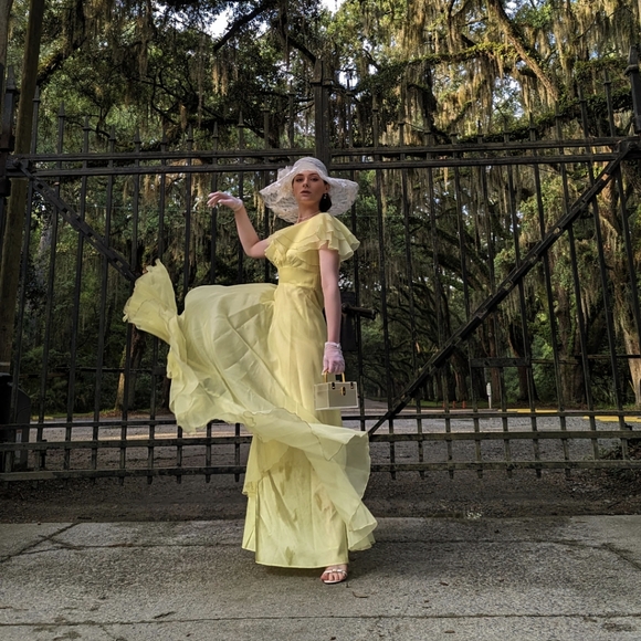 VINTAGE 1970's LONG Yellow Midi Dress - Picture 1 of 12